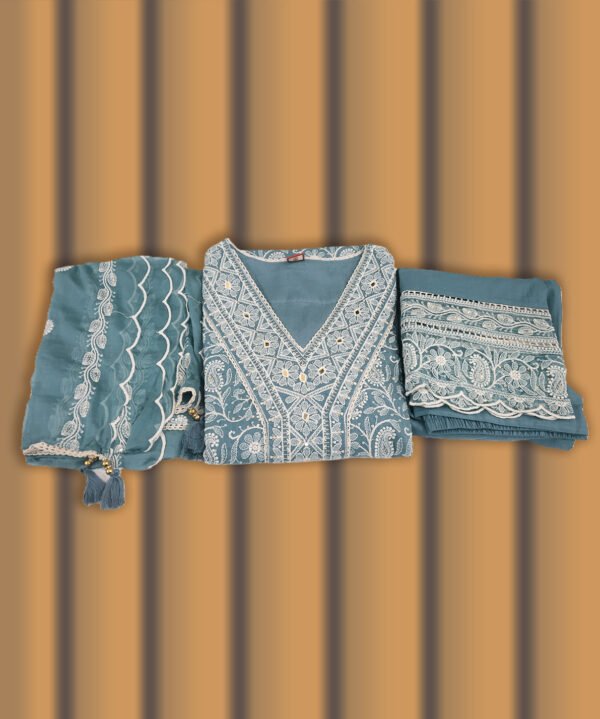 Stiched Embroidery Work Salwar Suit, Deep Sky Grey Colour - Image 4