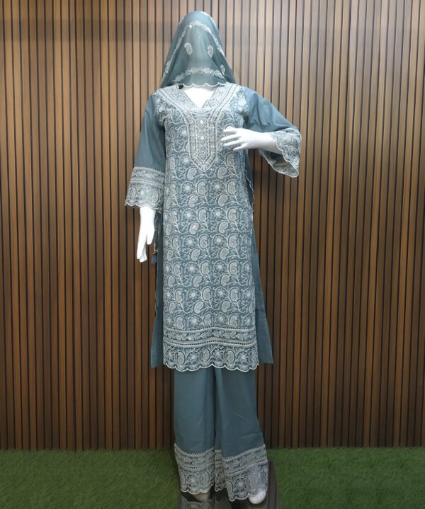 Stiched Embroidery Work Salwar Suit, Deep Sky Grey Colour - Image 2