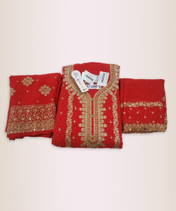 Unstiched Zarkan Red Zari Work with Pant Dupatta - Image 2