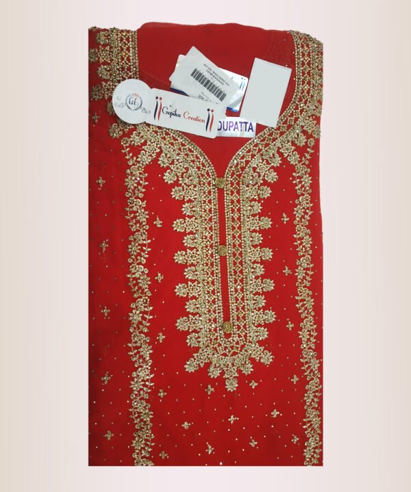 Unstiched Zarkan Red Zari Work with Pant Dupatta - Image 4
