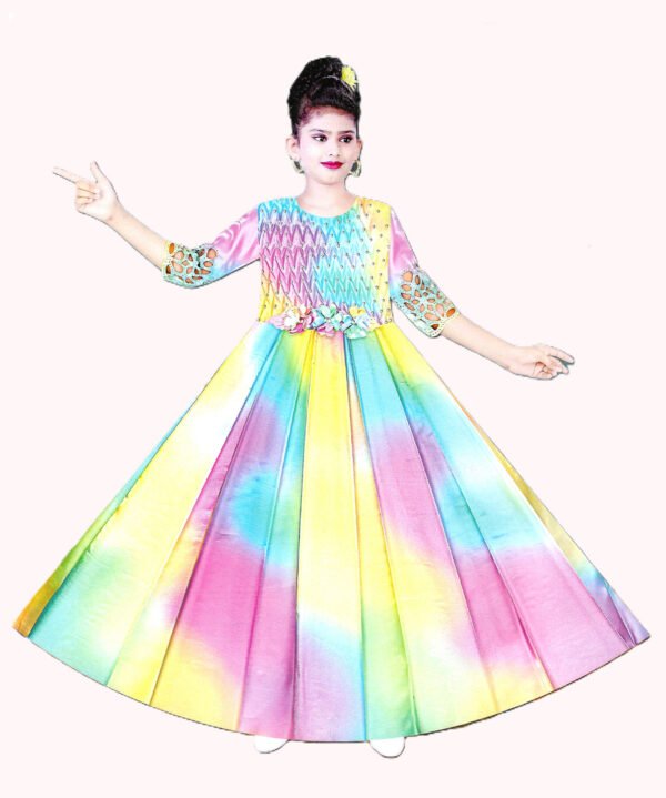 Frok in silk fabric (Party Wear), Rainbow colour for Girls age group of 4-10 years