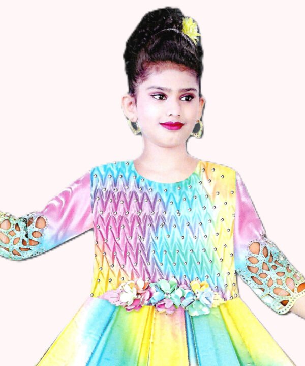 Frok in silk fabric (Party Wear), Rainbow colour for Girls age group of 4-10 years - Image 4