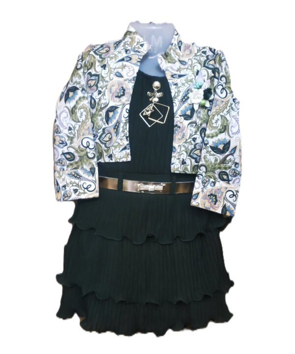 Floral Printed Partywear Kids Girls Frocks And Jacket In Dark Green Colour.