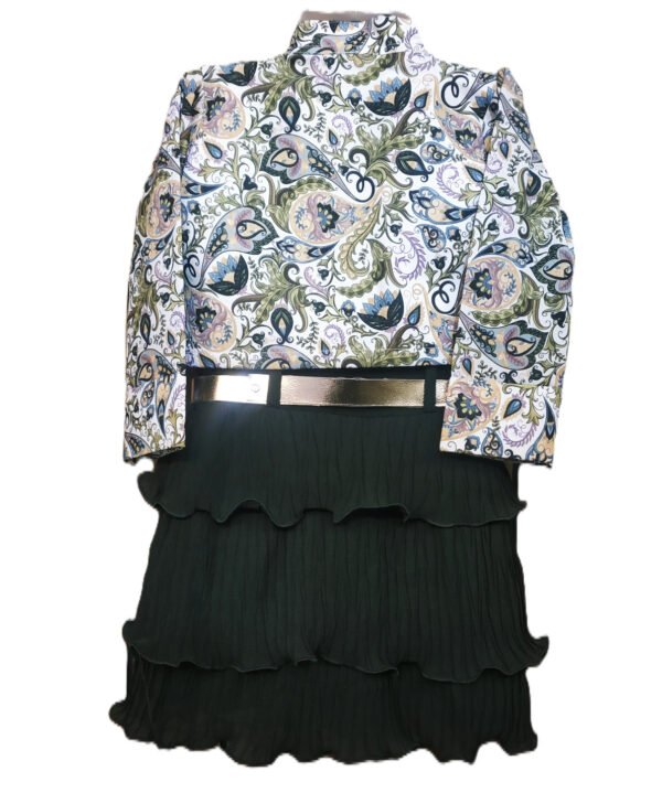 Floral Printed Partywear Kids Girls Frocks And Jacket In Dark Green Colour. - Image 3