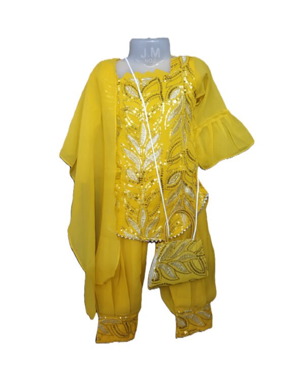 Afghani Suit for kids girls, Georgette, Deep Yellow Colour - Image 2