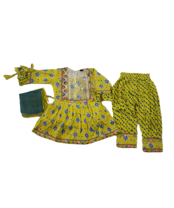 Afghani Frock Suit Set For Kids Girls In Crepe Cotton Fabric With Deep Yellow Colour.