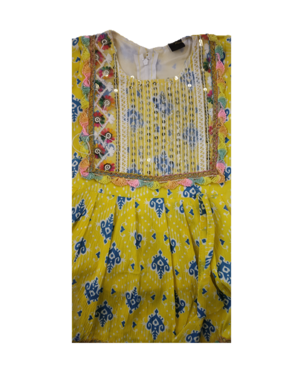 Afghani Frock Suit Set For Kids Girls In Crepe Cotton Fabric With Deep Yellow Colour. - Image 2
