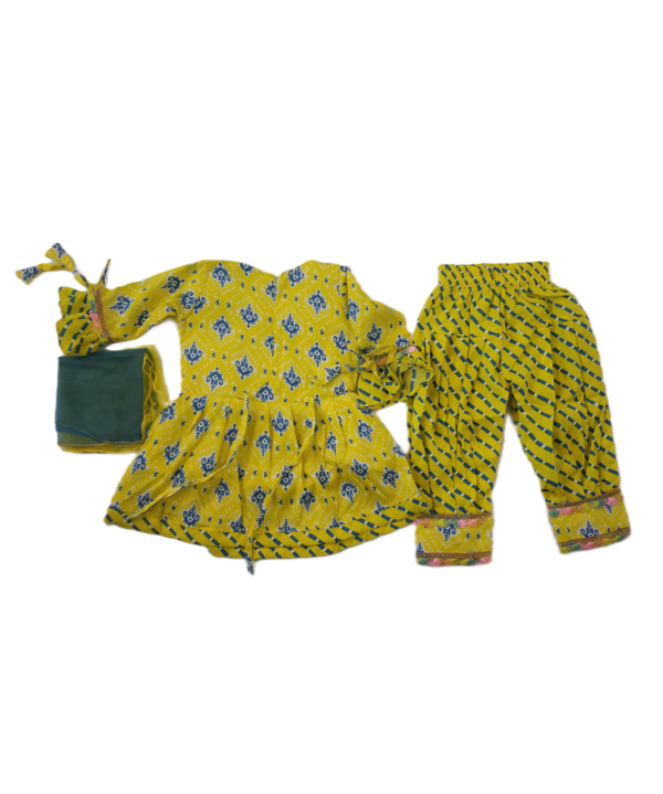 Afghani Frock Suit Set For Kids Girls In Crepe Cotton Fabric With Deep Yellow Colour. - Image 3
