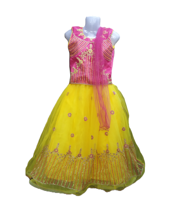 Women's Pink & Yellow Lehenga Choli Set. Net Fabric with Thread Work. - Image 2