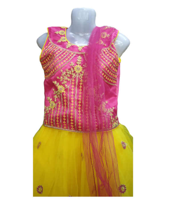 Women's Pink & Yellow Lehenga Choli Set. Net Fabric with Thread Work. - Image 3