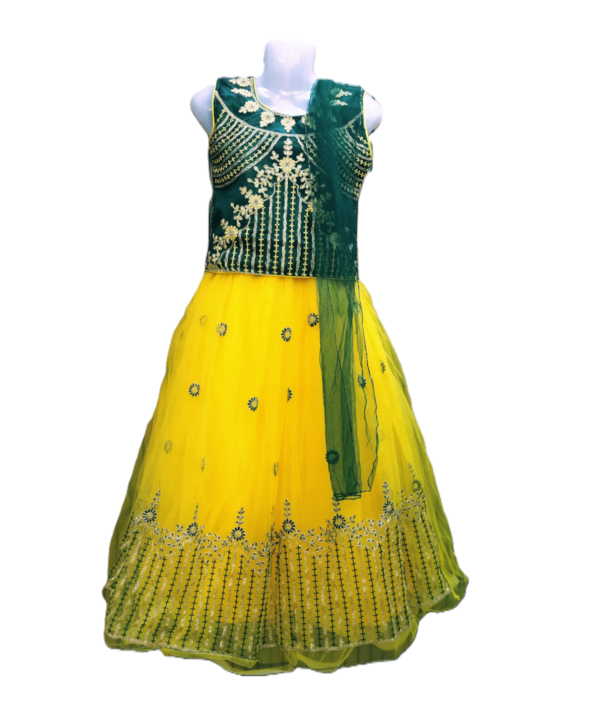 Women's Green & Yellow Lehenga Choli Set,Net Fabric With Thread Work.