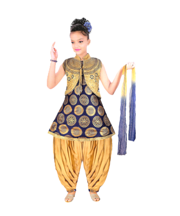 Blue Printed Patiala Salwar Suit With Jacket And Dupatta For Kids Girls.