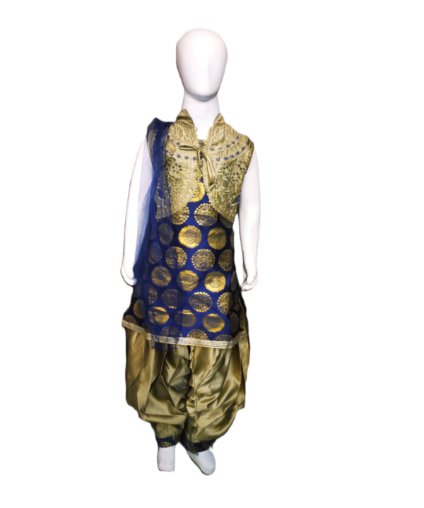 Blue Printed Patiala Salwar Suit With Jacket And Dupatta For Kids Girls. - Image 3