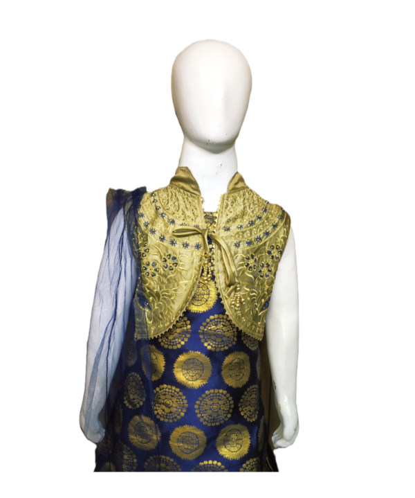 Blue Printed Patiala Salwar Suit With Jacket And Dupatta For Kids Girls. - Image 2