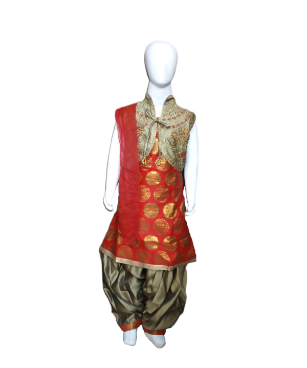 Red Printed Patiala Salwar Suit With Jacket And Dupatta For Kids Girls. - Image 3