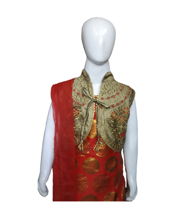 Red Printed Patiala Salwar Suit With Jacket And Dupatta For Kids Girls. - Image 2