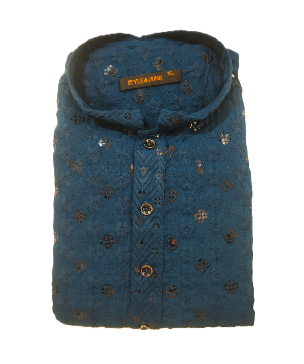 Men’s Dark Blue Embroidered Kurta. - Image 5