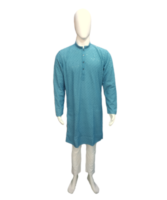 Men's Sky Blue Embroidered Kurta.