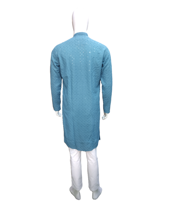 Men's Sky Blue Embroidered Kurta. - Image 3