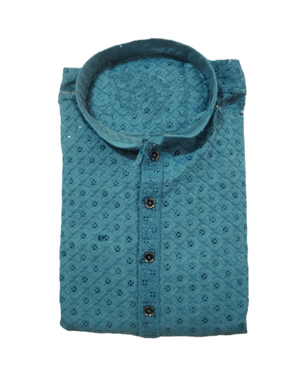 Men's Sky Blue Embroidered Kurta. - Image 5